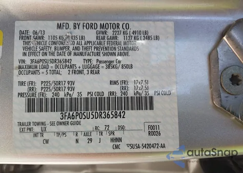 2013 Ford Fusion Energi Titanium from USA, damaged, VIN 3FA6P0SU5DR365842